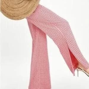 Zara Pink Polka Dot Wide Leg Side Slit Trouser Pants Womens Size XS
